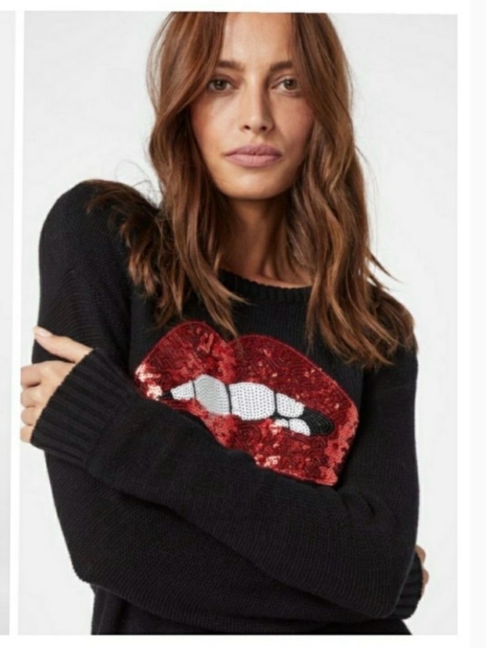NWOT- Sequin Red Lips Black Sweater